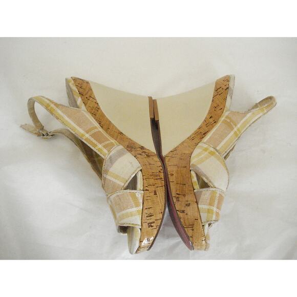 KENZIE IVORY & TAN PLAID COTTON SLINGBACK W PATENT LEATHER WEDGE HEEL SZ 6M - Picture 5 of 8